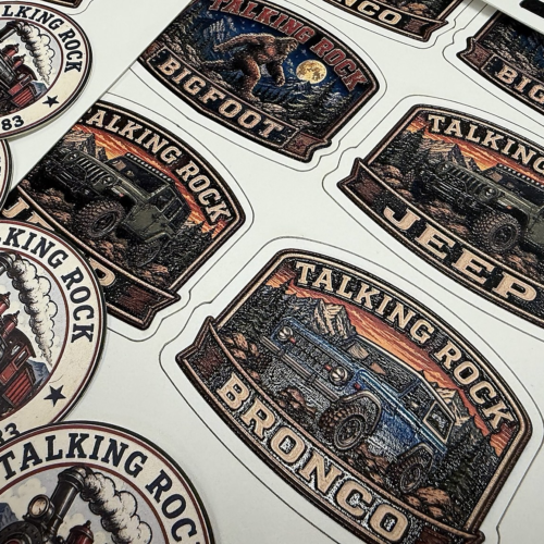 Sheet of Talking Rock 3D UV patches, Bigfoot, Jeep and Bronco
