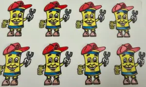 3-D UV patches with the Oil Can Man logo, raised and layered