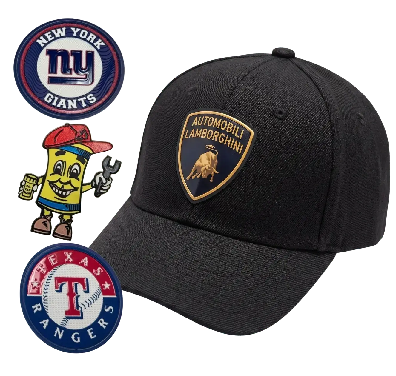 Black cap with a raised 3-D UV patch, surrounded by custom patches