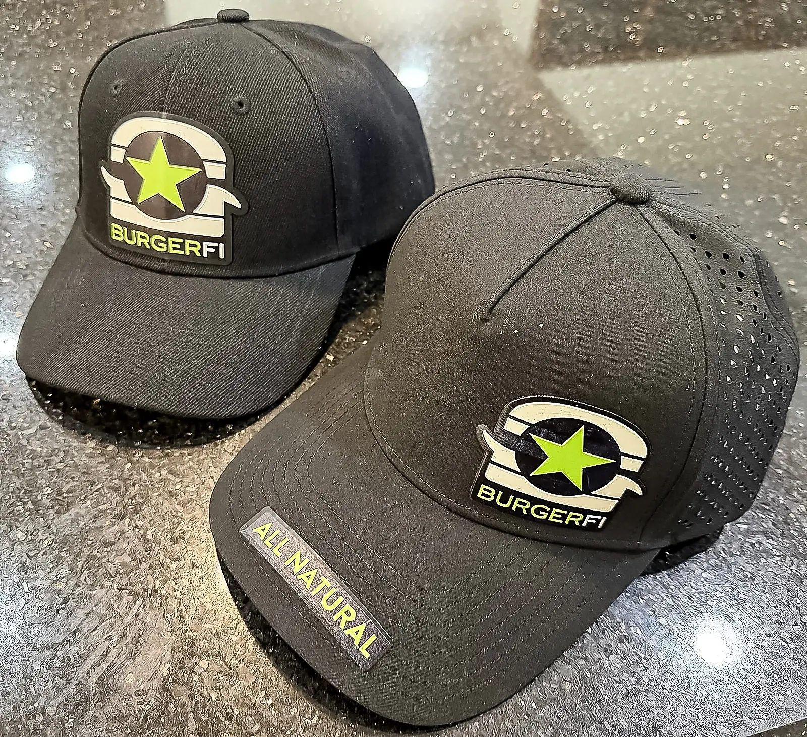 Two BurgerFi caps with raised 3-D UV patches