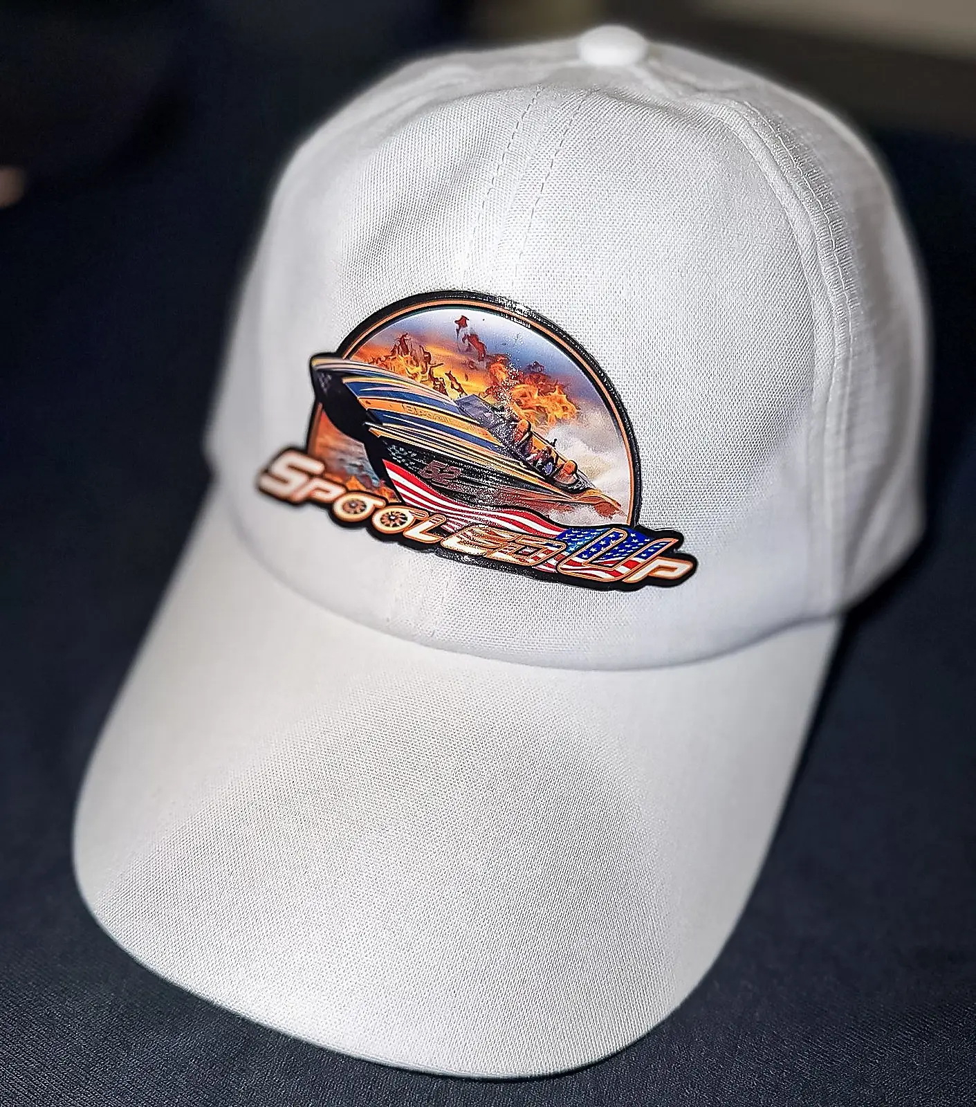 White cap with a Spooled Up 3D UV patch